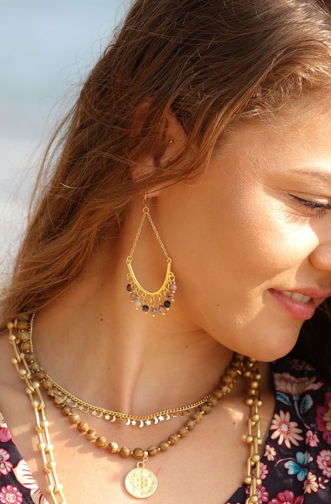 rodhonite stone dangle earrings gold boho style