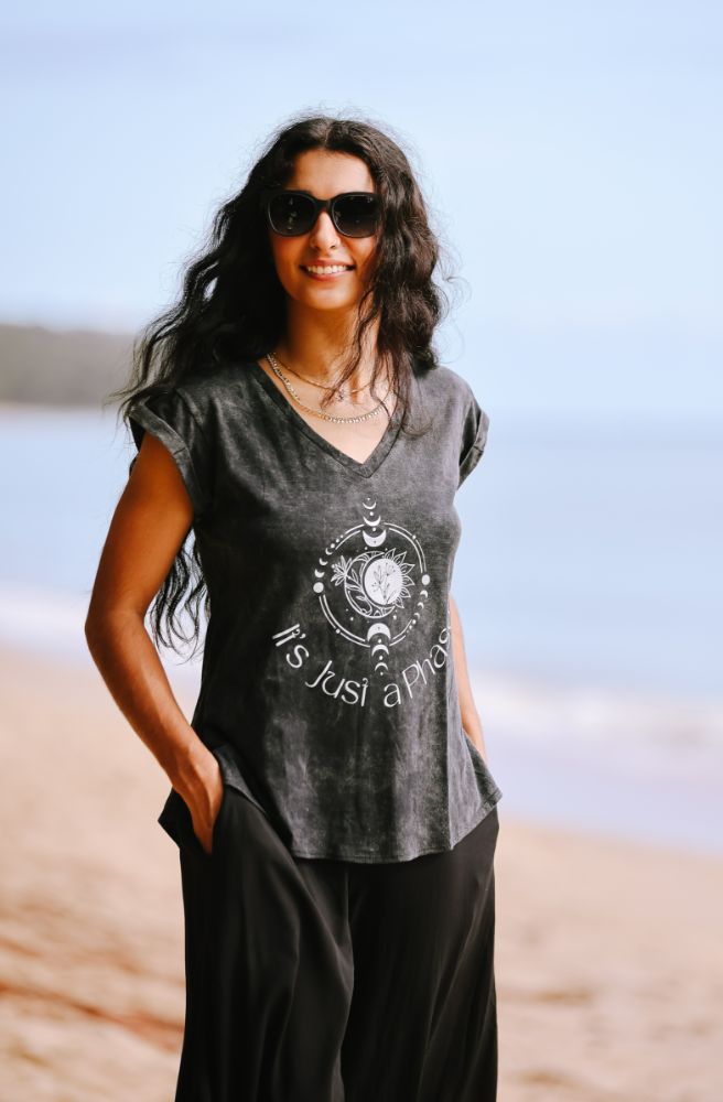 boho moon phase tee shirt stretch knit top