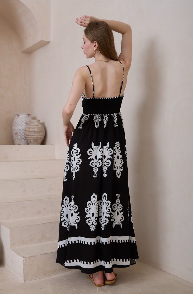 Bianco Nero Maxi Dress, Rear View Shirred Back