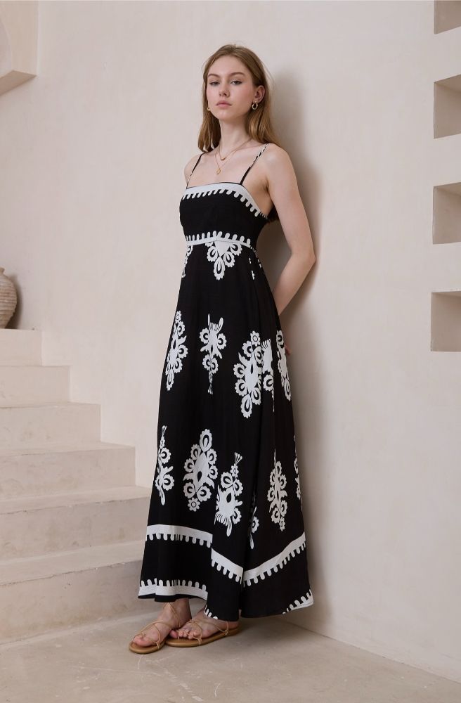 Bianco Nero Maxi Dress, Black and White Bold Rococo Print