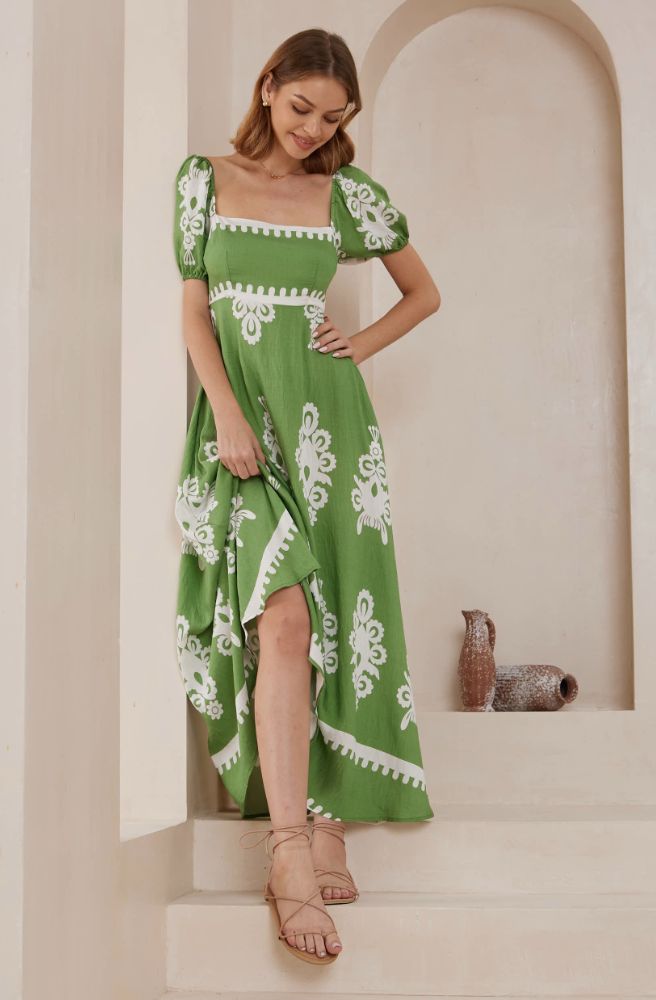 Bella Green Nero Maxi Dress, Green and White Print