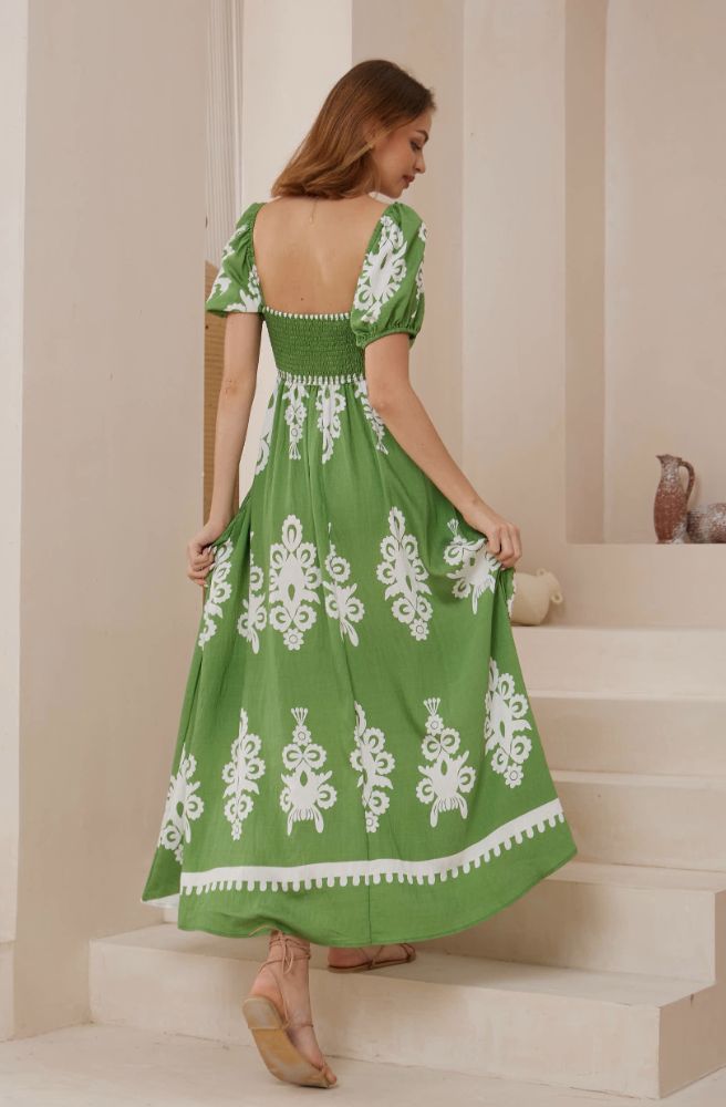 Bella Green Nero Maxi Dress, Rear View Shirred Back