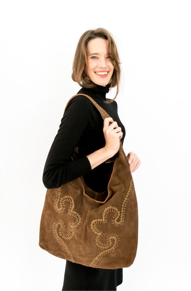 Sunset Tote Latte, Stud and Threaded Leather Design