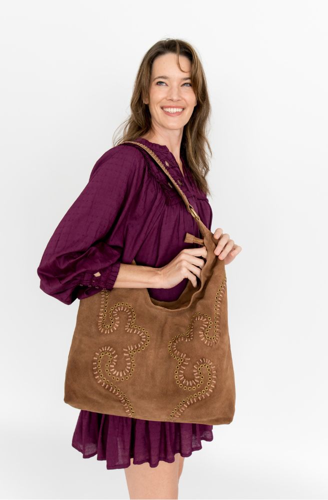 Sunset Tote Latte, Suede Boho Hand Bag