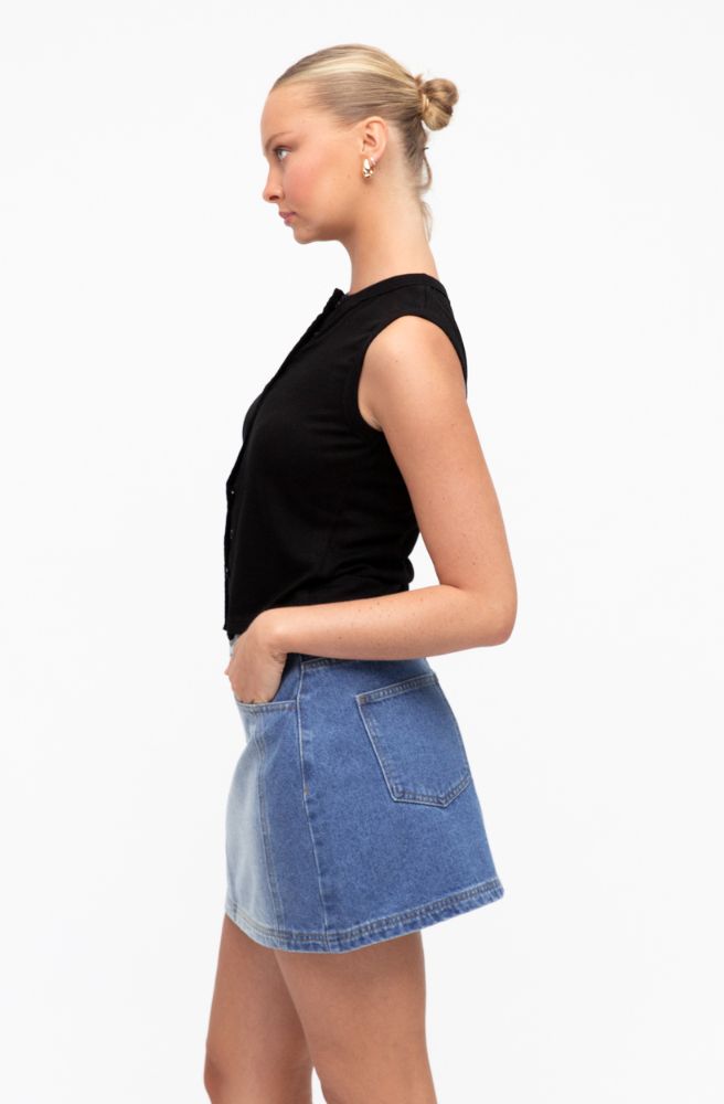 Boheme Mid Rise Mini Skirt, Side View Two Tone Blue