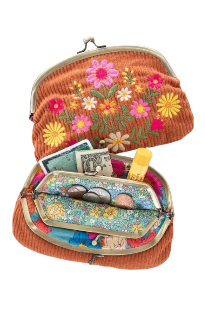 Double Kisslock Coin Purse Rust, Embroidered Corduroy