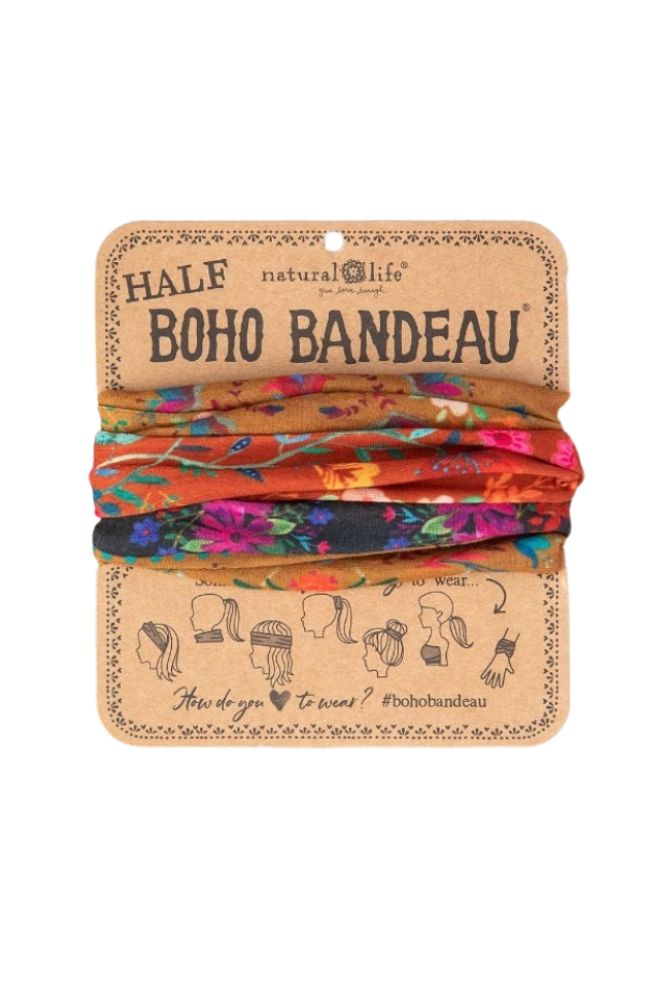 Boho Bandeau Half Rust/ Tan Borders, Bohemian Stretch Knit Headband