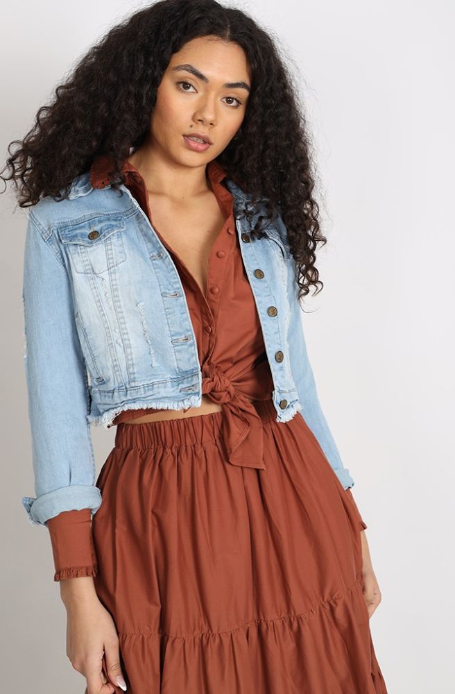 Cropped Light Blue Denim Jacket, Boho Style