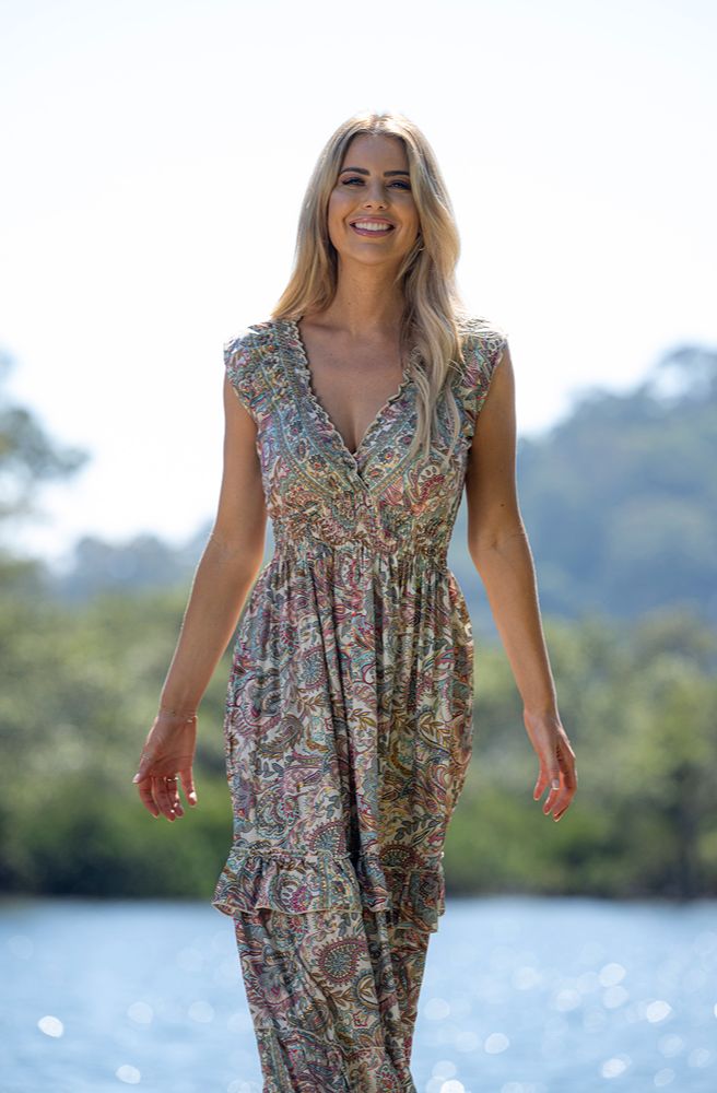 Adara Dress, Effortless Boho Maxi with Tiered Skirt and V-Neckline