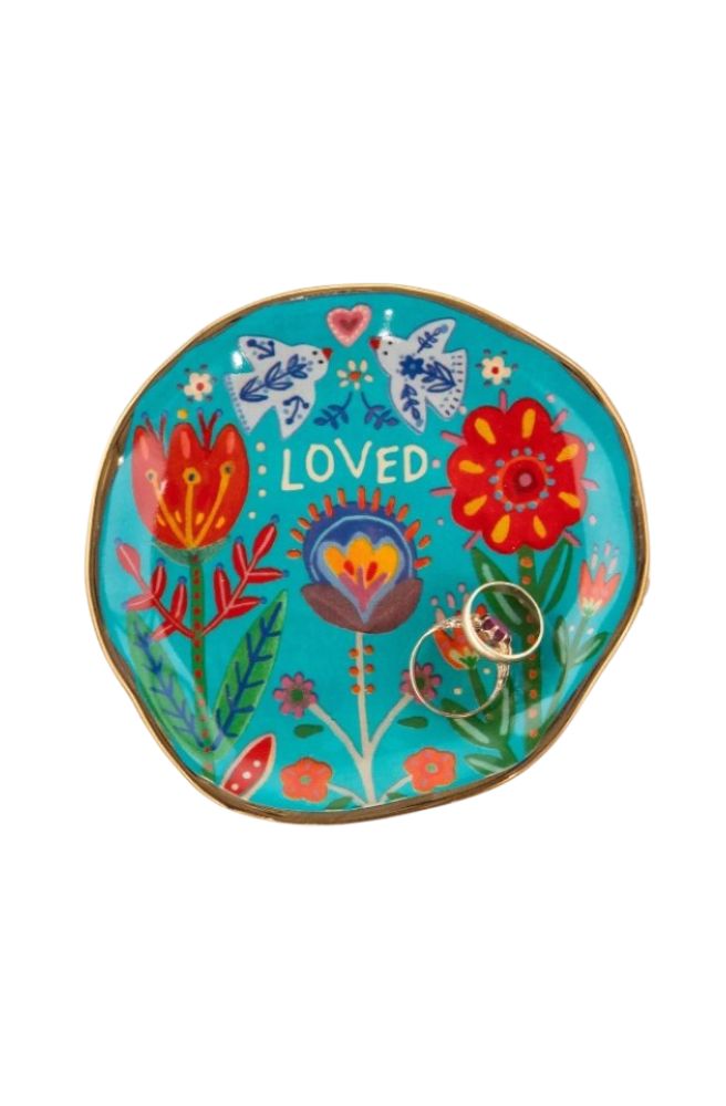 Artsy Trinket Dish Loved,Aqua Decorative Floral Folk Art Dish