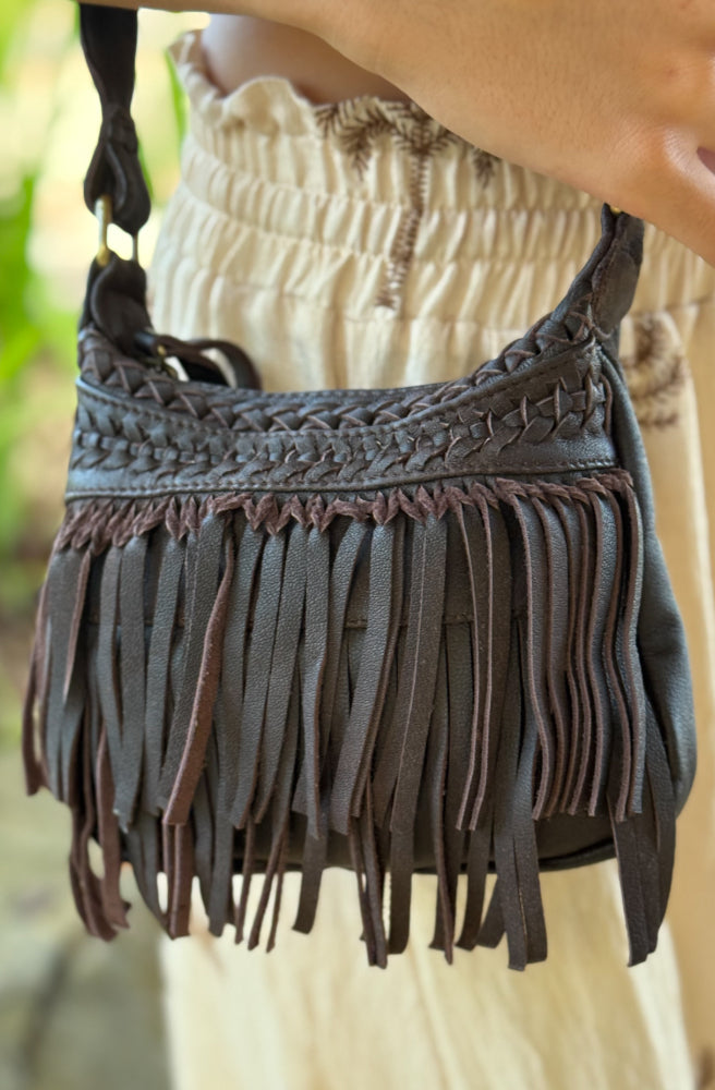 Baby Nayeli Bag, Brown fringed handbag worn over shoulder and top entry zip