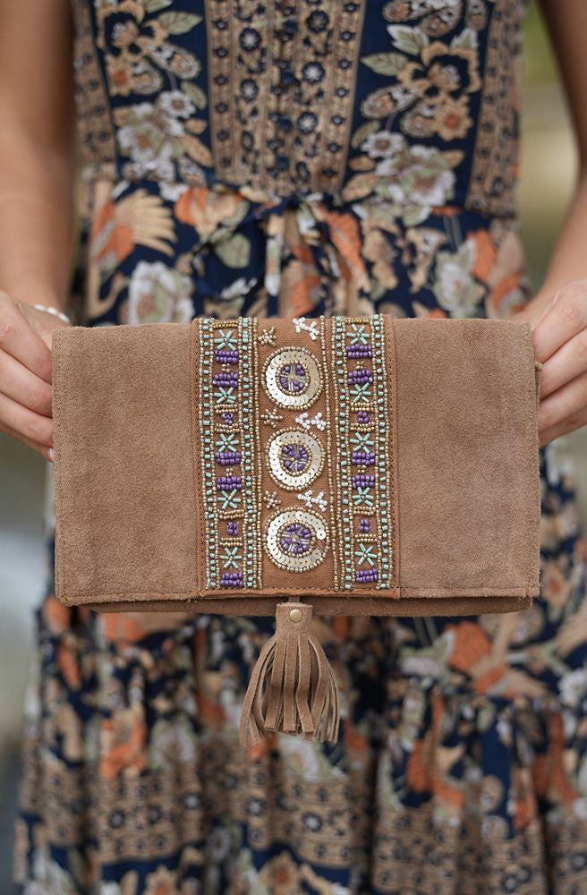 Beaded Suede Clutch, Stunning hand beading on the front