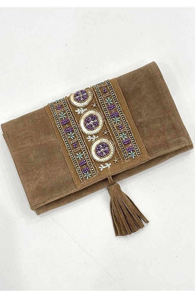 Beaded Suede Clutch, close up view