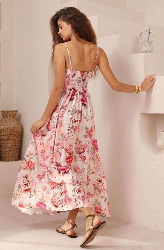 Bella Rosa Maxi Dress, Relaxed Fit Rear View with Floral Print