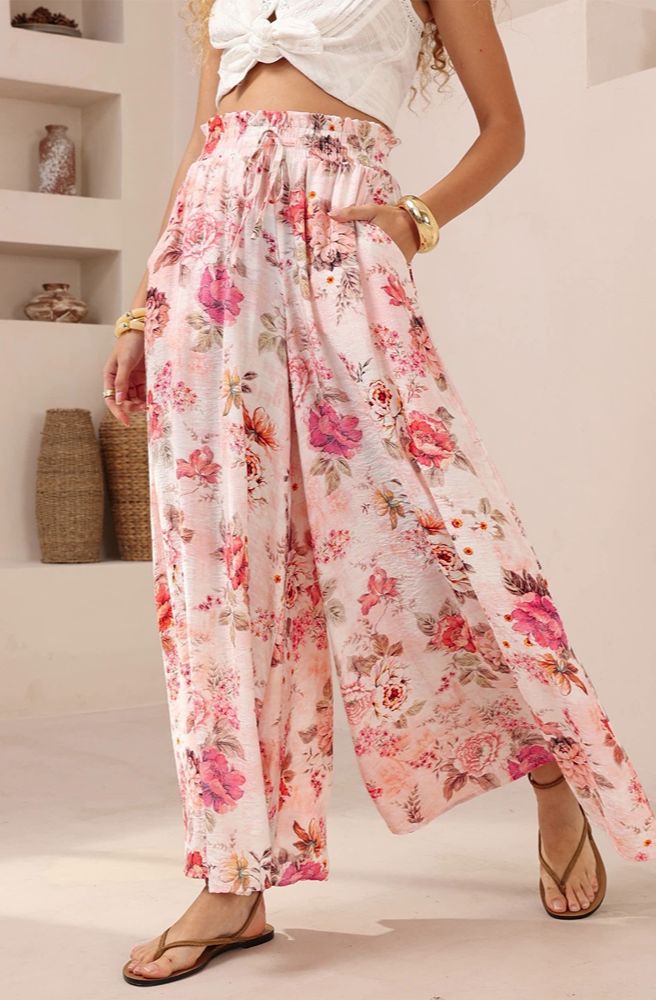 Bella Rosa Maxi Pants, Relaxed Fit Wide Leg Pants in Pink Floral Print