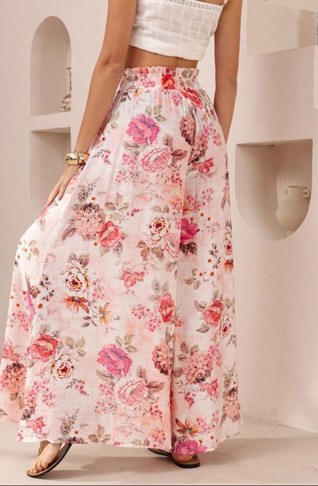 Bella Rosa Maxi Pants, Relaxed Fit Wide Leg Pants in Pink Floral Print