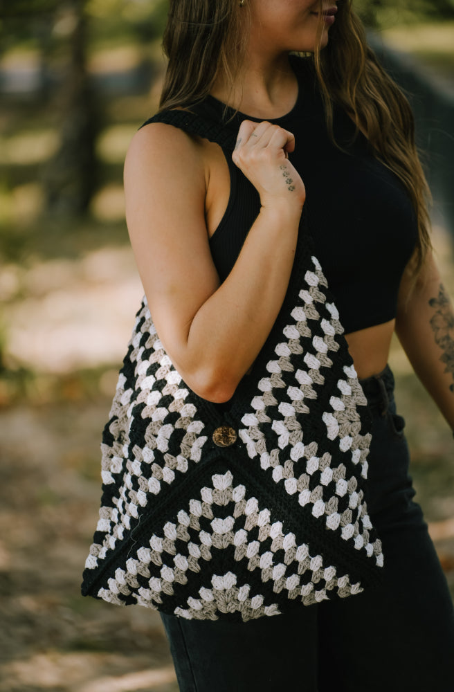 Black Aztec Crochet Bag, Retro Boho Style Handbag