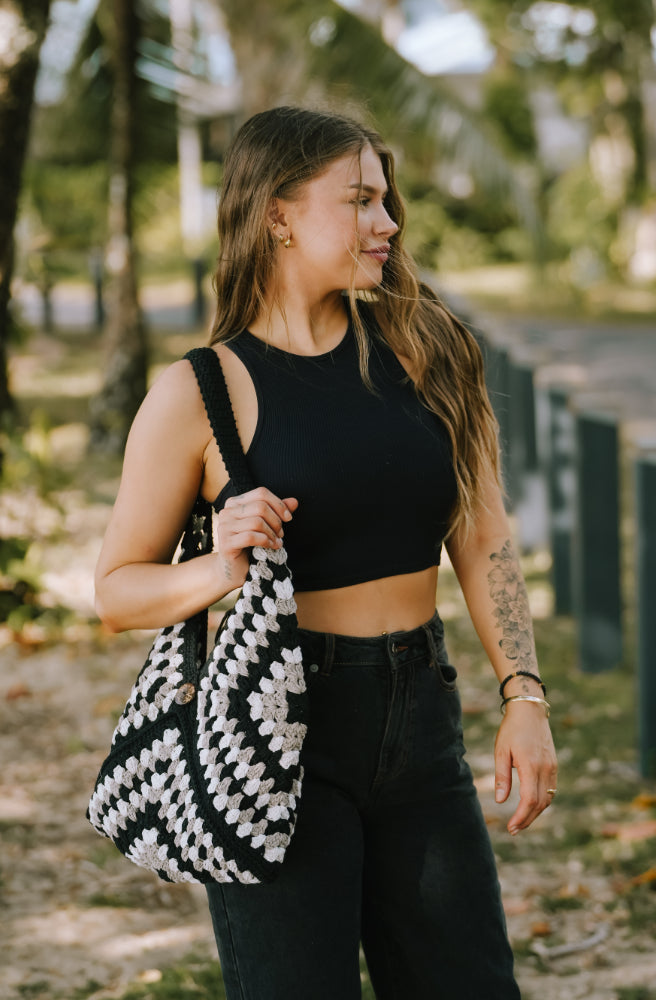 Black Aztec Crochet Bag, Black White Latte Colour Diamond Pattern