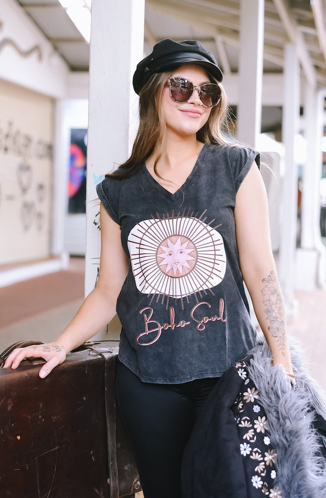 Black Stone Wash Tee, Women's retro Boho Style Top