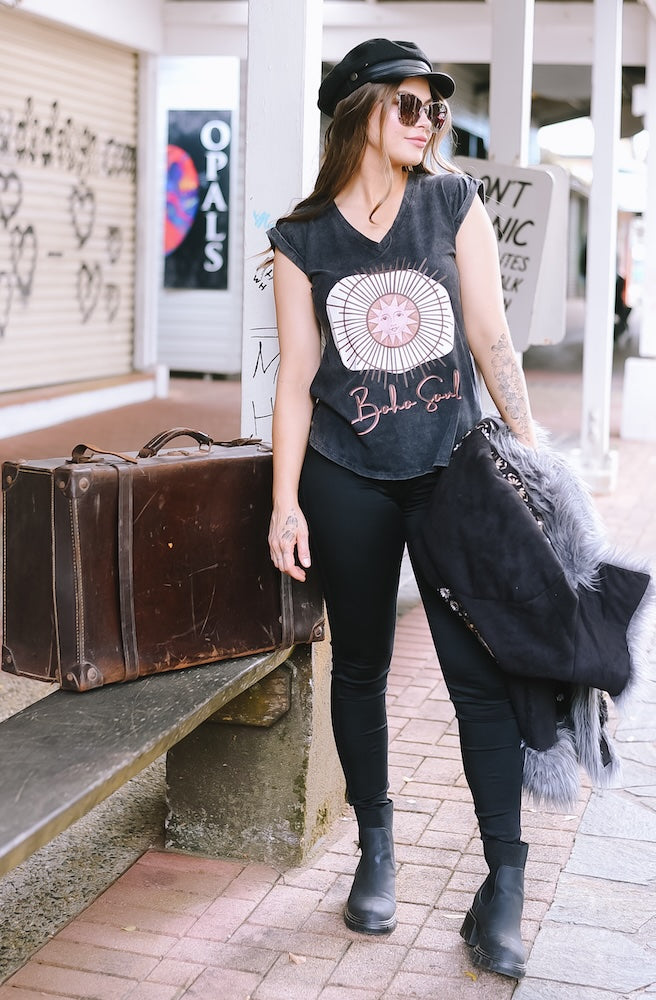 Black Stone Wash Tee, Boho Soul Graphic Motif