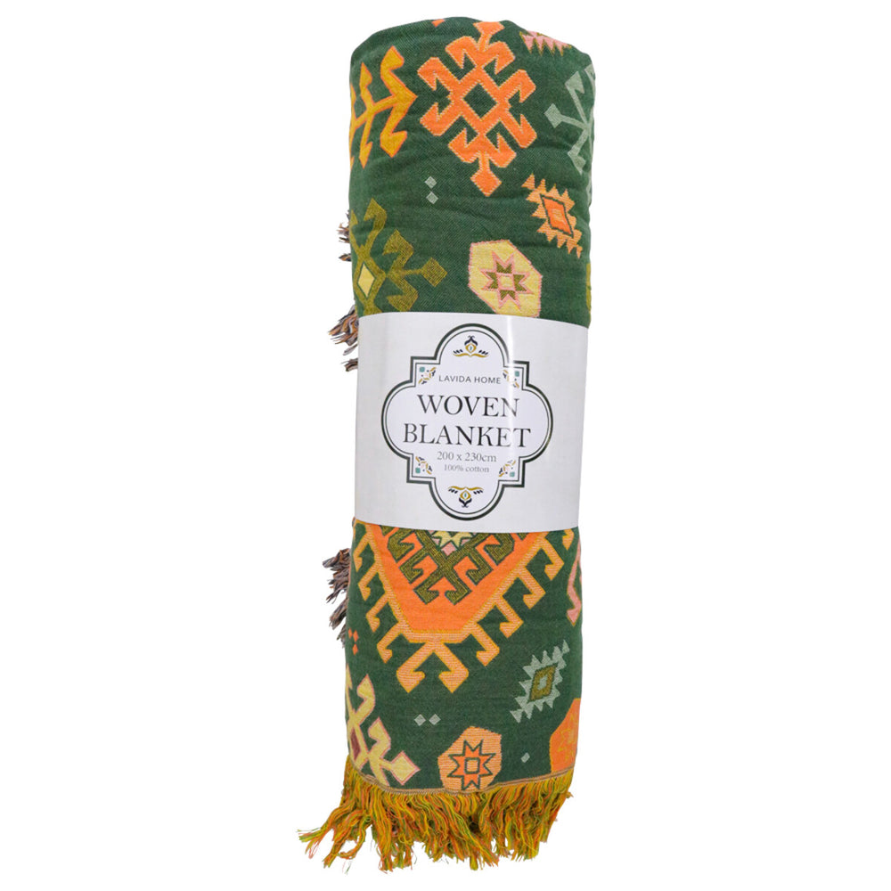 Blanket Throw Bohemia, Earthy Green and Mustard Tones in Textured Weave