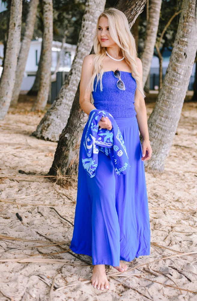 Blue Agave Drifter Long Pants, Side Slits Wide Leg Breezy Relaxed Fit