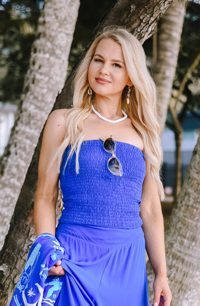 Blue Agave Long Tube, Womens Boho Resort Style Shirred Boob Tube