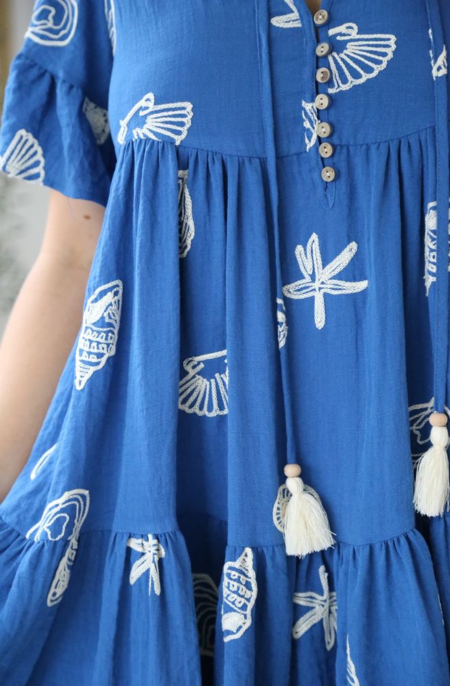 Blue Chloe Mini Dress, Boho Resort Embroidered Patterns