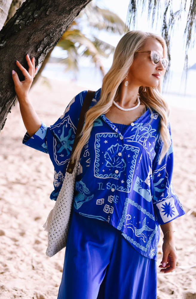 Blue Stella Nomad Shirt, Womens Boho Resort Style Shirt