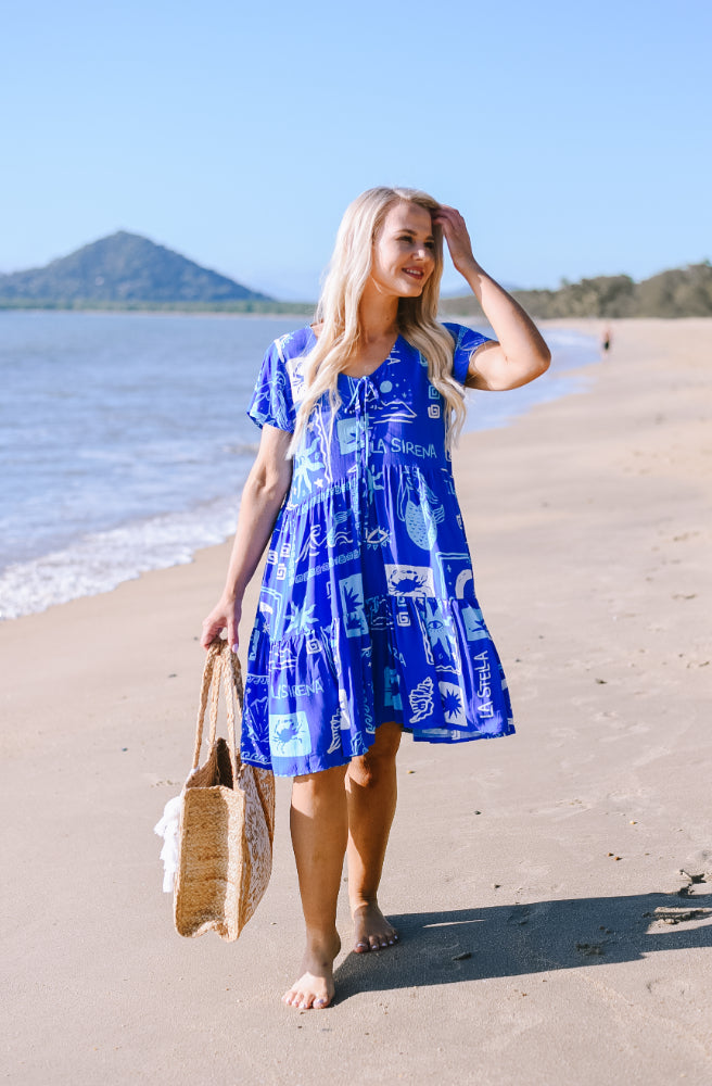 Blue Stella Zippy Dress, Coastal Boho Beach Dress