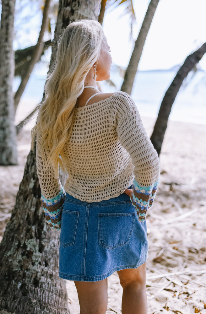 Boheme Mid Rise Mini Skirt, Rear View with patch pockets