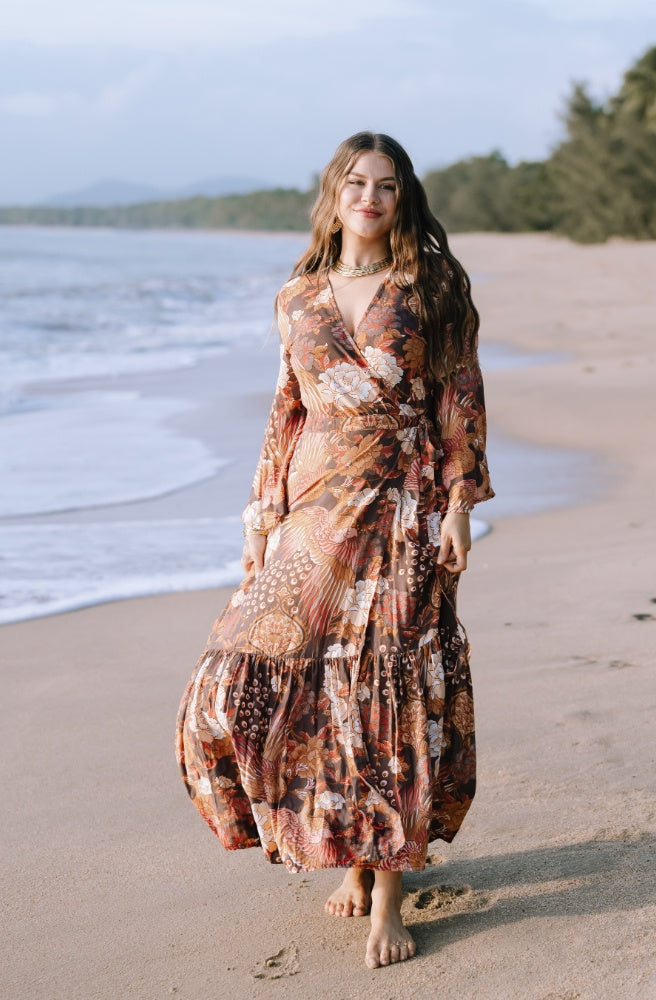 Boheme Plume Saradon Dress, Womens Long Sleeve Wrap Dress