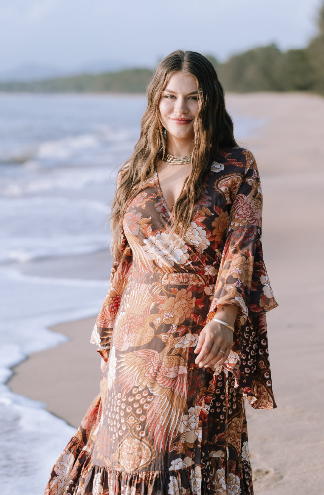 Boheme Plume Saradon Dress, Boho Style Wrap Neckline and Flared Long Sleeves