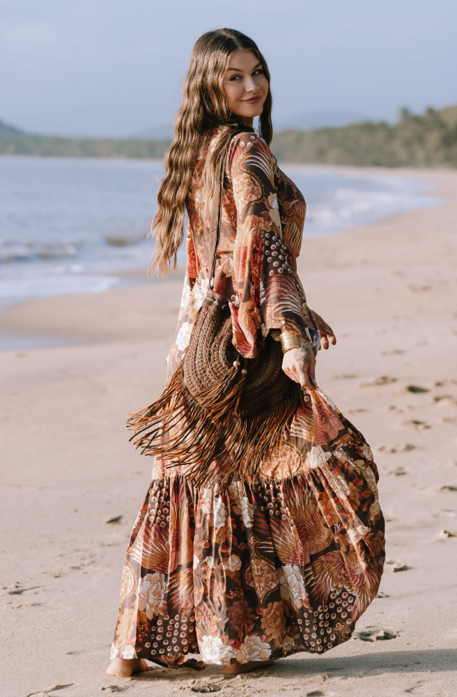 Boheme Plume Saradon Dress, Side View Full Skirt with Large Ruffle Hem