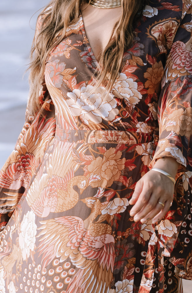 Boheme Plume Saradon Dress, Close Up Detail of Print and Waist Tie