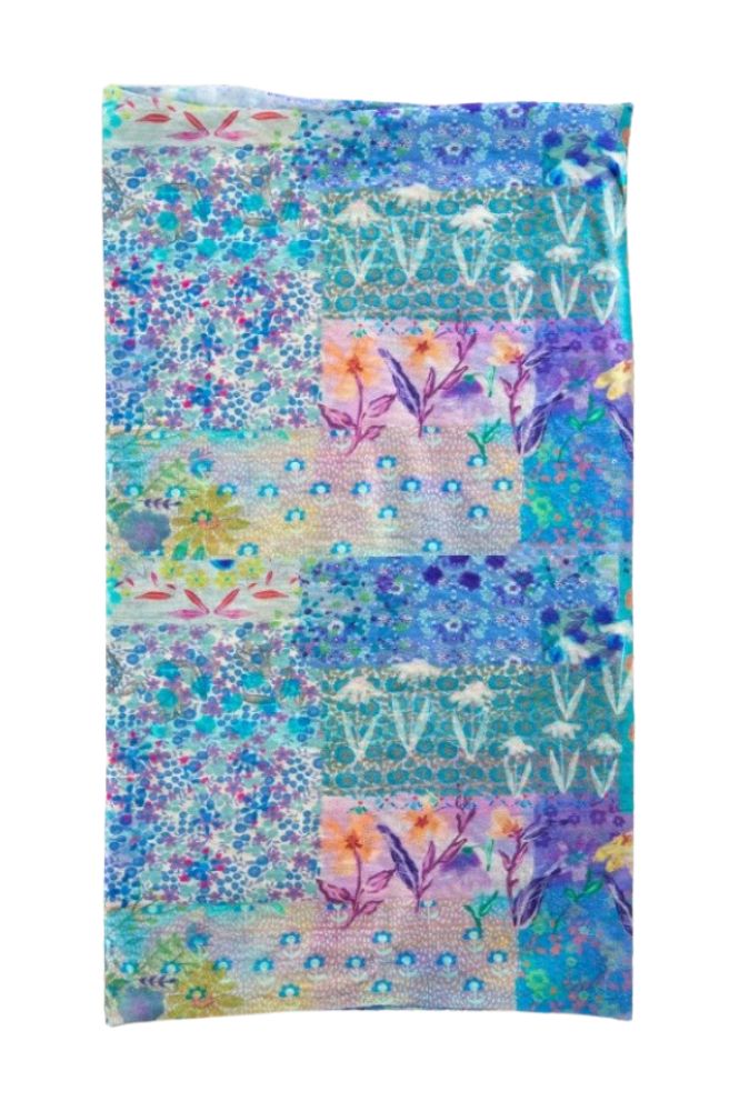 Boho Bandeau Blue Watercolour Patchwork, Stretch Knit Head Band