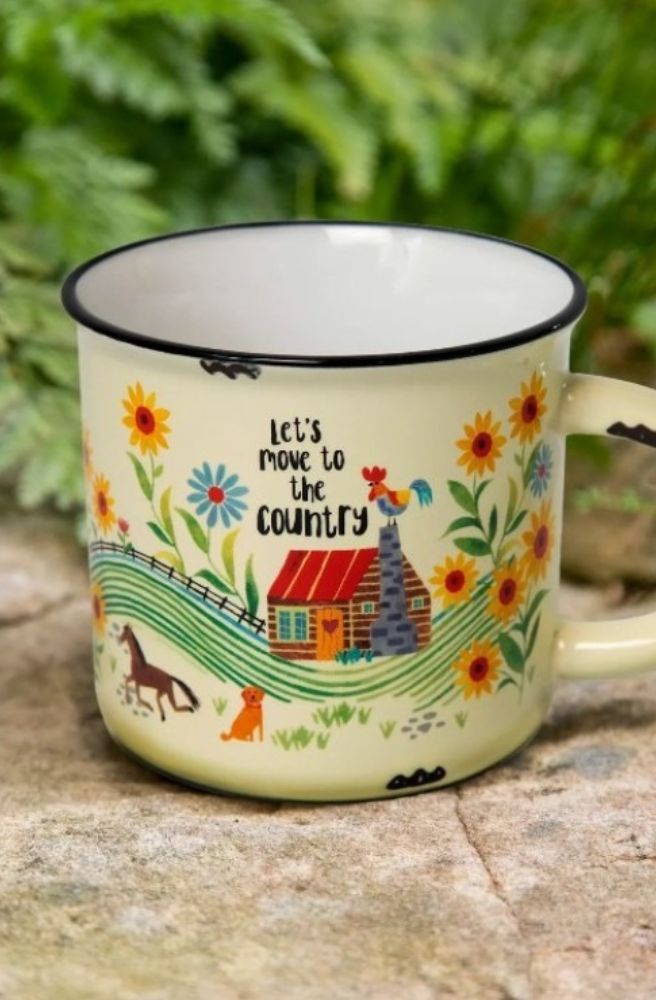 Camp Mug Let's Move To The Country, Mug with country-themed design featuring a house, animals, and flowers on a natural background.