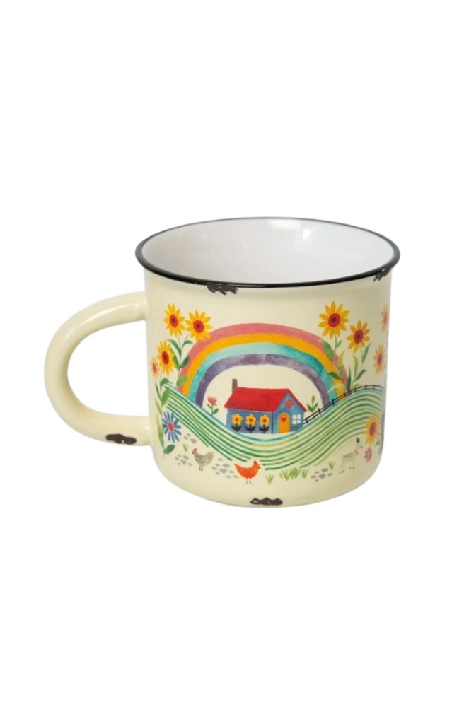 Camp Mug Let's Move To The Country, Mug with a colourful design of a rainbow, house, and flowers on a white background
