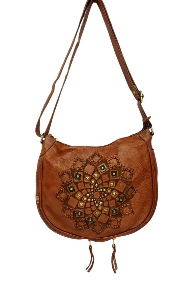 Carerra Zip Round Bag - Tan, in close up detail view