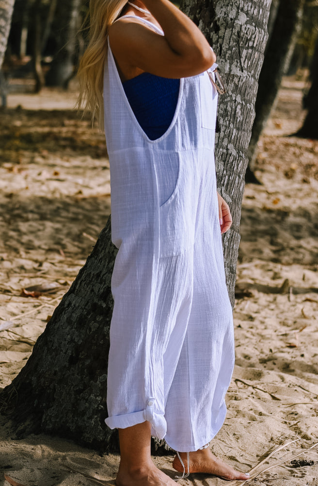 Chalk Tide Overalls, Close Up Side View with adjustable cuff button on outside of leg