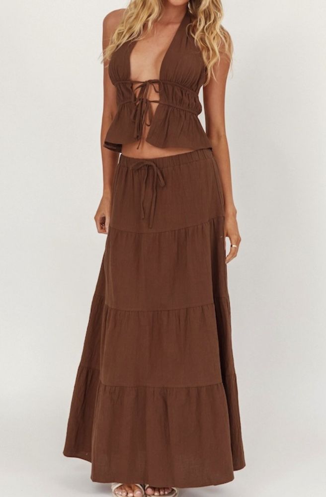 Cocoa Halter Top, V Neckline and Elasticated Waist with Ties at Front