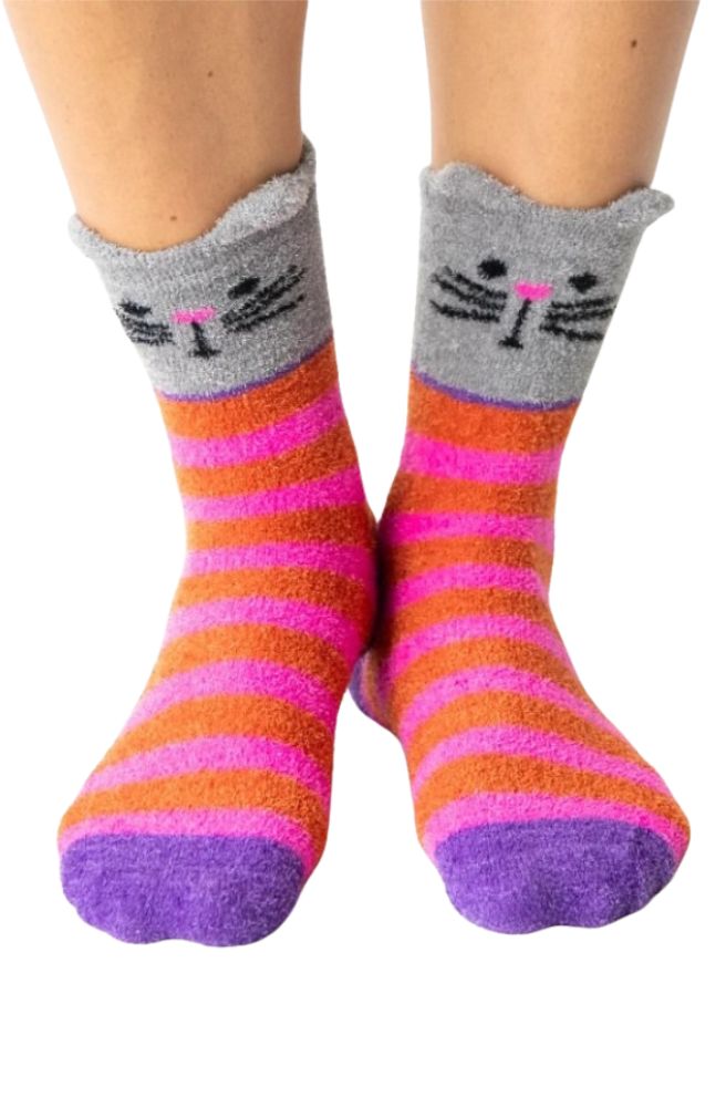Cozy Socks Cat Hot Pink, Colourful striped socks with cat face design