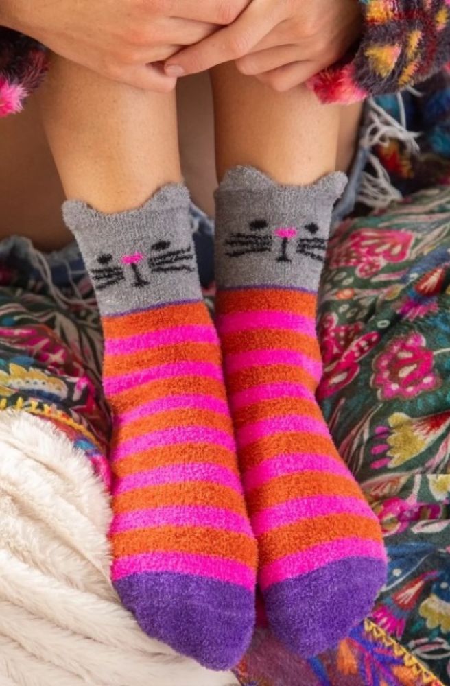Cozy Socks Cat Hot Pink, Striped cat socks quirky gift idea