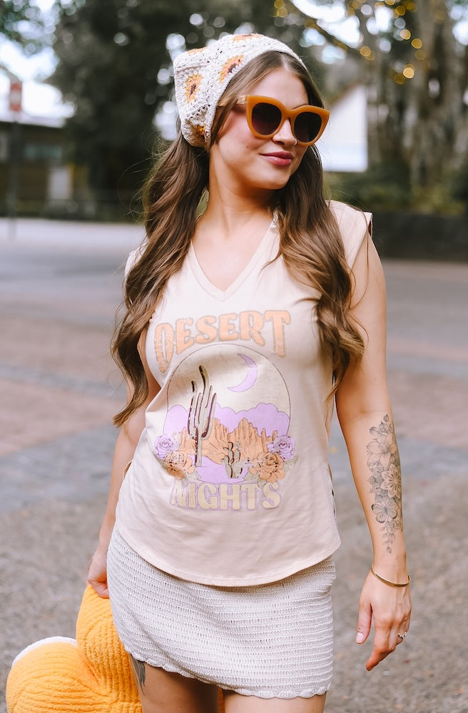 Cream Desert Night Tee, Retro Boho Style Top
