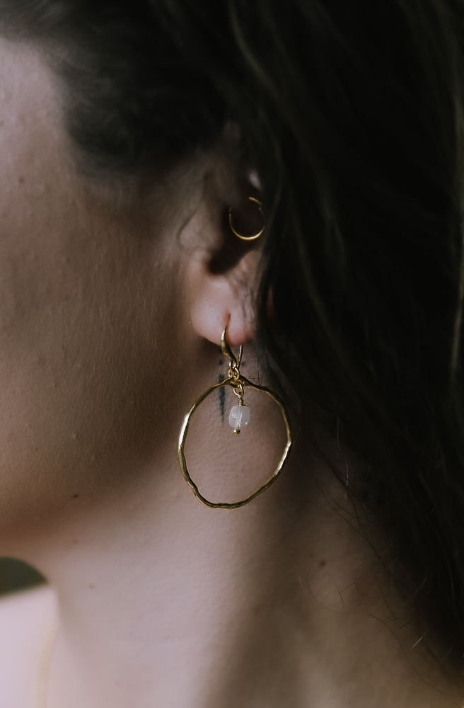 Cyclea Quartz Earrings, 18k Gold Hoops and Light Quartz Bead