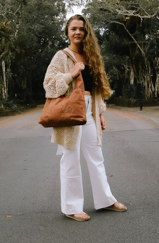 Sunset Tote Latte, Suede Boho Hand Bag Decorative Embroidery