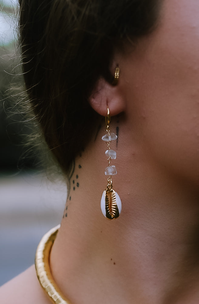 Cowrie Moonstone Earrings, Coastal Boho Style