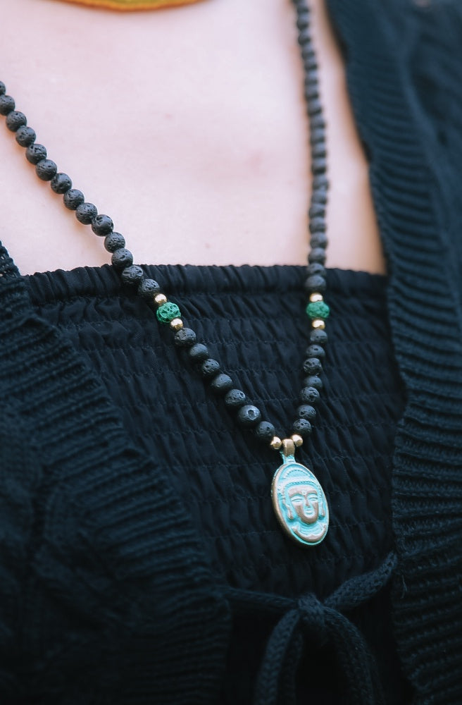Lava Stone Buddha Necklace, Boho Style