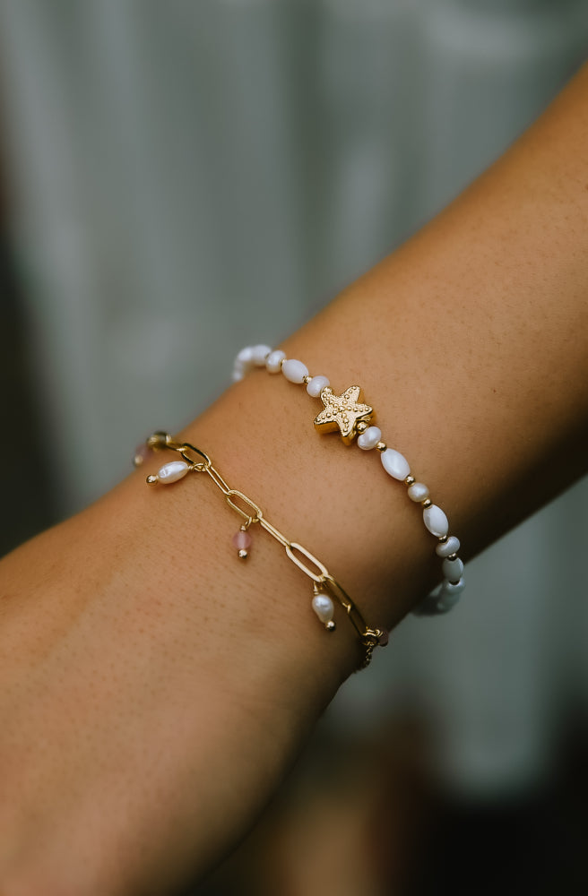 Sea Lover Pearl Bracelet, Mother of Pearl and Gold Star Fish