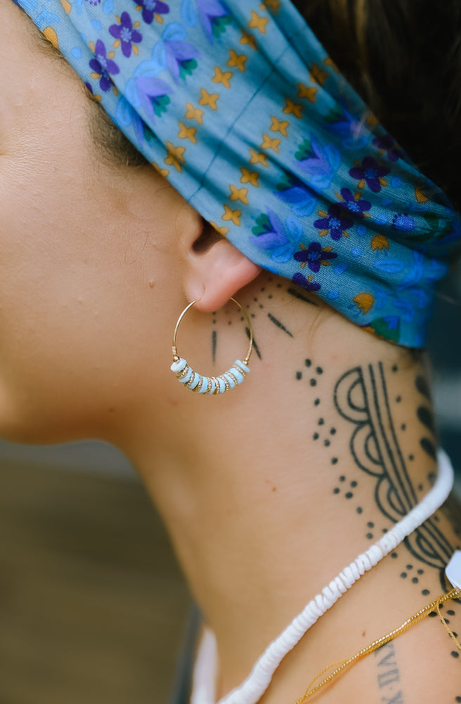 Aqua Shell Hoop Earrings, Coastal Boho Hoops